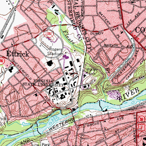 Topographic Map of Reverend Thomas Puryear Hall, VA