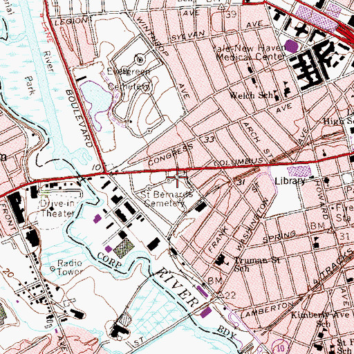Topographic Map of Saint Bernards Cemetery, CT