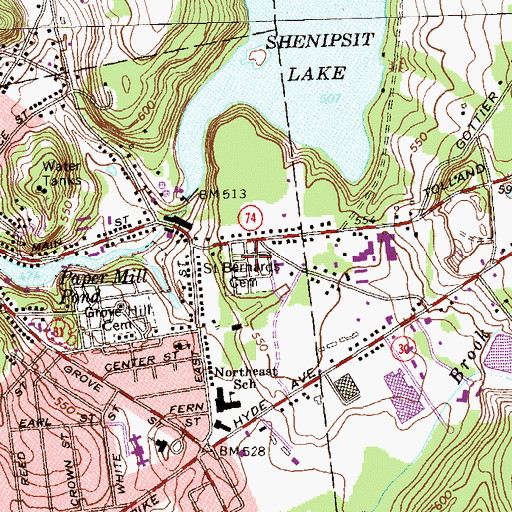 Topographic Map of Saint Bernards Cemetery, CT