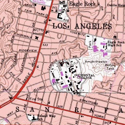 Topographic Map of Newcomb Hall, CA