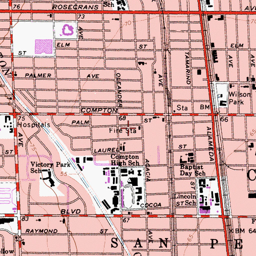 Topographic Map of City of Compton Fire Department Station 1 Headquarters, CA