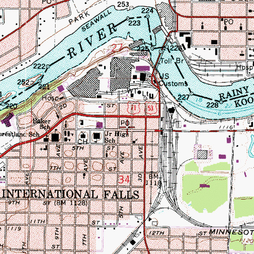 Topographic Map of International Falls Post Office, MN