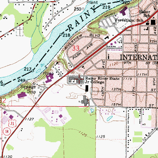 Topographic Map of Falls High School, MN