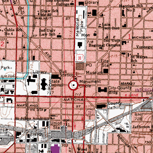 Topographic Map of Bank One Center Tower, IN