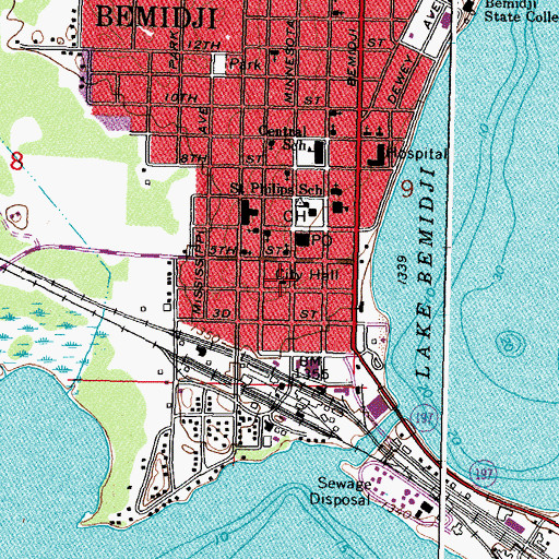 Topographic Map of Bemidji City Hall, MN