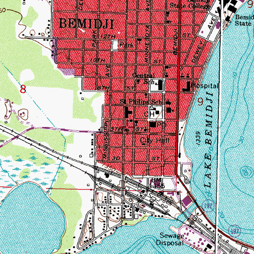 Topographic Map of Bemidji City Library, MN
