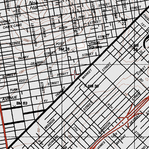 Topographic Map of Powell Street Bay Area Rapid Transit Station, CA