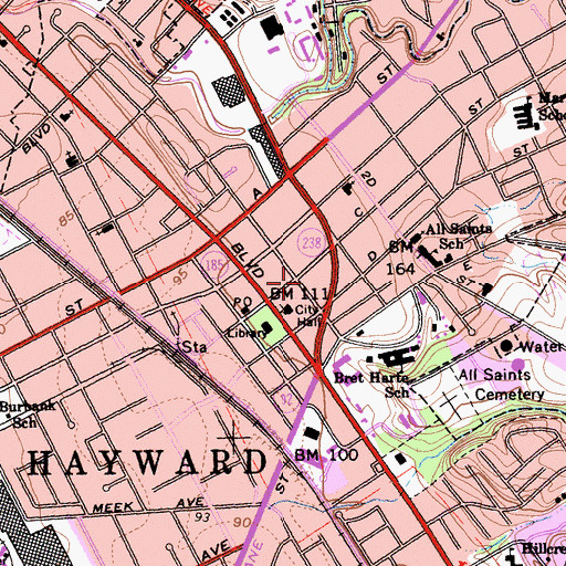 Topographic Map of Hayward Fire Department Station 1, CA