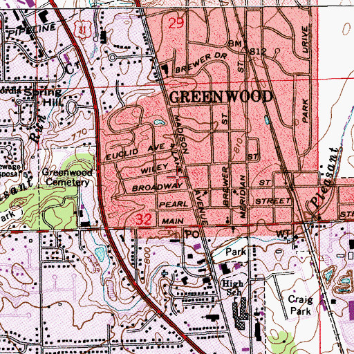 Topographic Map of Greenwood City Building, IN