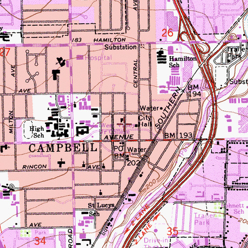 Topographic Map of Campbell City Hall, CA