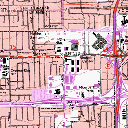 Topographic Map of Santana Row Shopping Center, CA