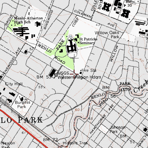 Topographic Map of Menlo Park Fire Protection District Station 1 Headquarters, CA