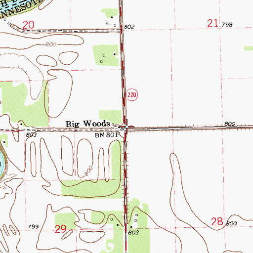 Topographic Map of Bigwoods Post Office (historical), MN
