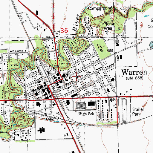 Topographic Map of Warren Public Library, MN