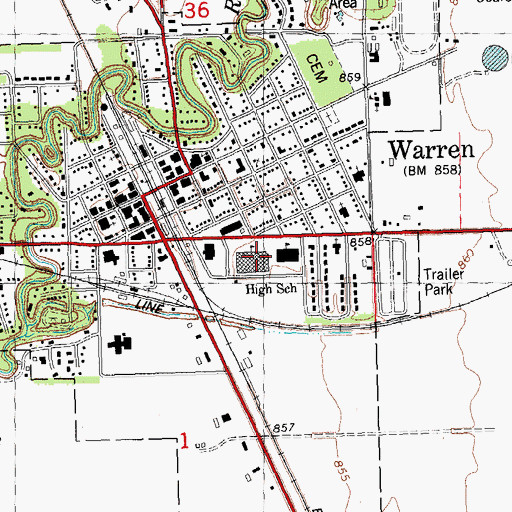 Topographic Map of Warren Junior-Senior High School, MN