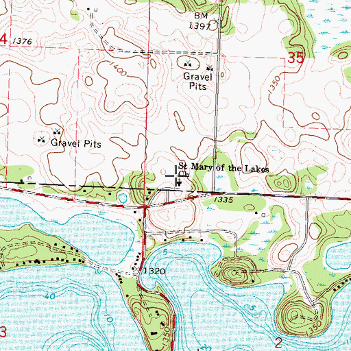 Topographic Map of Saint Mary of the Lakes Cemetery, MN