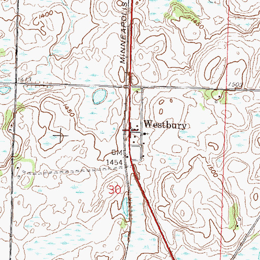 Topographic Map of Westbury Post Office (historical), MN
