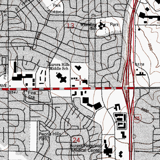Topographic Map of Mississippi Avenue Baptist Church, CO