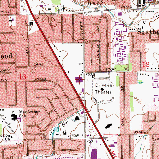 Topographic Map of Southport Plaza Shopping Center, IN