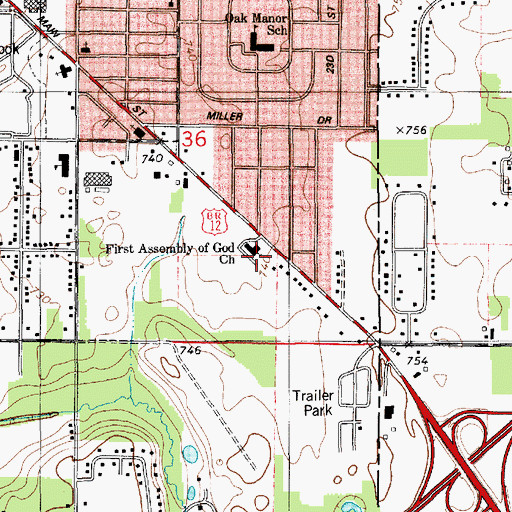 Topographic Map of First Assembly of God Church, MI