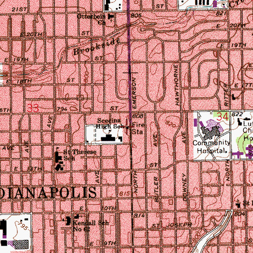 Topographic Map of Indianapolis Fire Department Station 20, IN