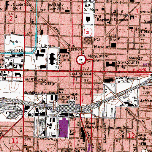 Topographic Map of Circle Centre Mall Shopping Center, IN