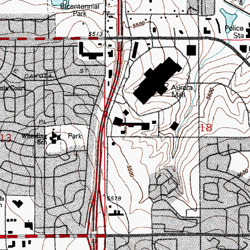 Topographic Map of Plaza At Aurora Mall Shopping Center, CO