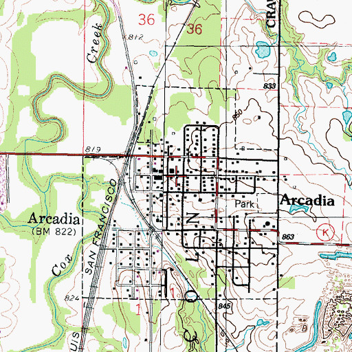 Topographic Map of Arcadia Volunteer Fire Department, KS