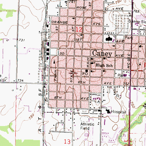 Topographic Map of Caney Volunteer Fire Department, KS