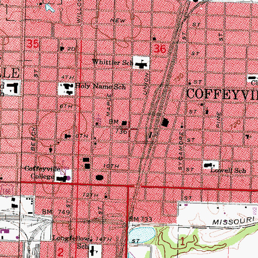 Topographic Map of Coffeyville Fire Department, KS