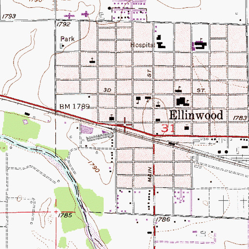 Topographic Map of Ellinwood Fire Department, KS