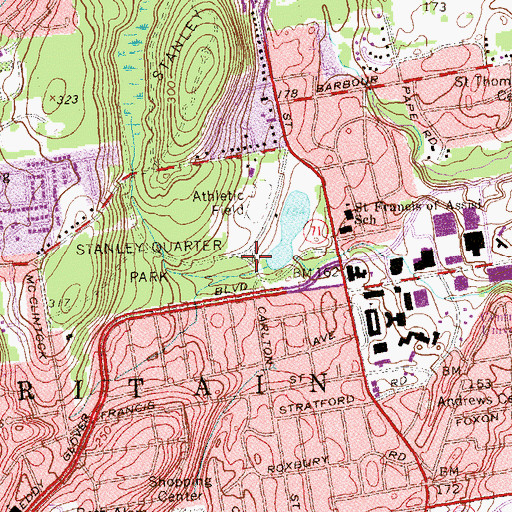 Topographic Map of Stanley Quarter Park, CT