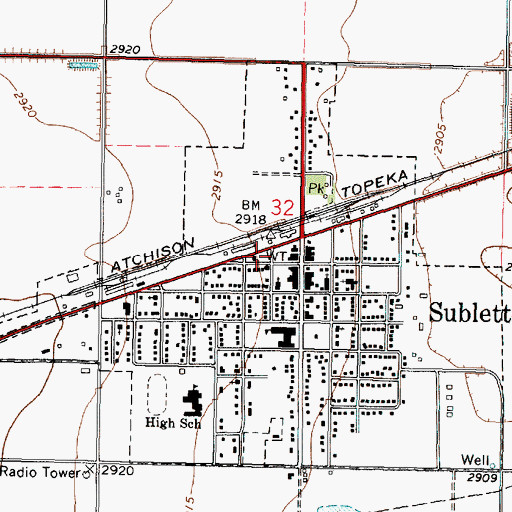 Topographic Map of Haskell Township and Sublette Fire Department, KS