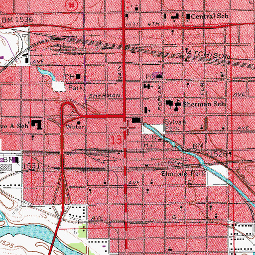 Topographic Map of Hutchinson Fire Department Station 1, KS