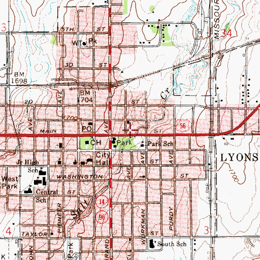 Topographic Map of Lyons Fire Department, KS