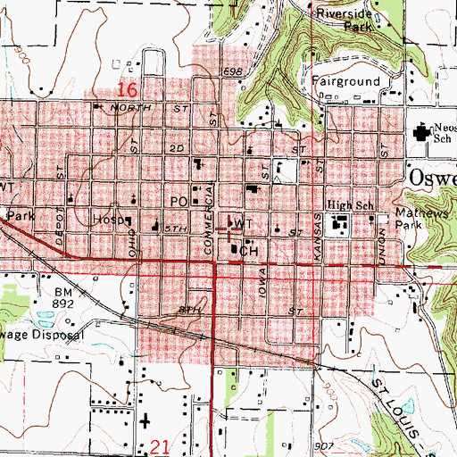 Topographic Map of Oswego Fire Department, KS