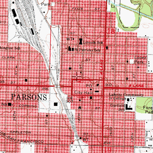 Topographic Map of Parsons Fire Department, KS