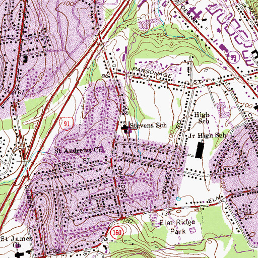 Topographic Map of Myrtle H Stevens School, CT
