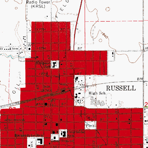 Topographic Map of Russell - Grant Township Fire Department, KS