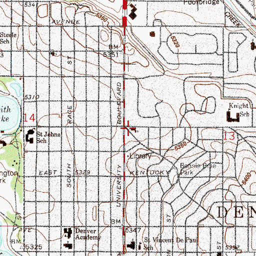 Topographic Map of University Hills Baptist Church of Denver, CO