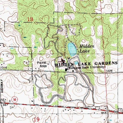 Topographic Map of Hidden Lake Gardens, MI