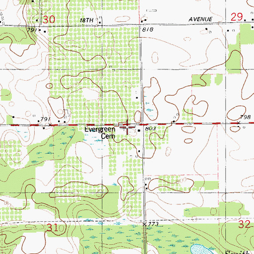 Topographic Map of Evergreen Cemetery, MI