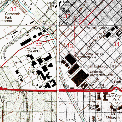 Topographic Map of Helen Bonfils Theatre Complex, CO