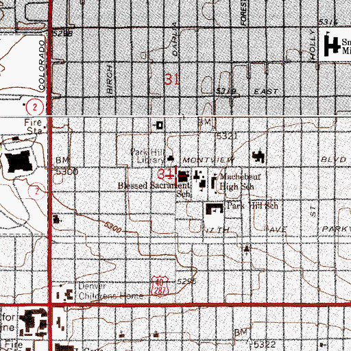 Topographic Map of Montview Boulevard Presbyterian Church, CO