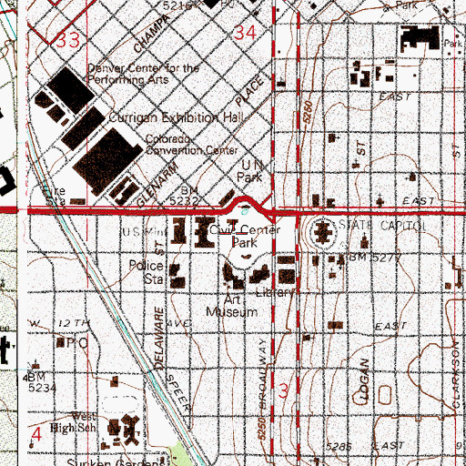 Topographic Map of Civic Center Historic District, CO
