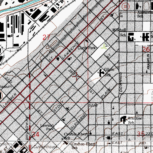 Topographic Map of Curtis-Champa Streets Historic District, CO