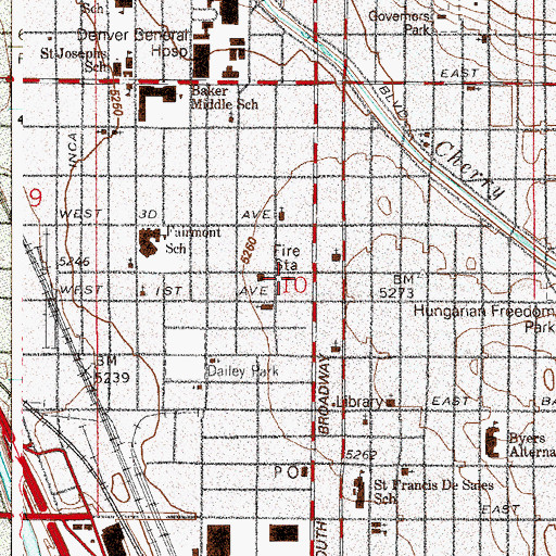 Topographic Map of Denver Fire Department Station 11, CO