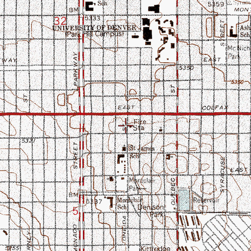 Topographic Map of Denver Fire Department Station 14, CO