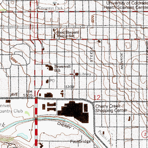 Topographic Map of Denver Public Library Ross - Cherry Creek Branch, CO