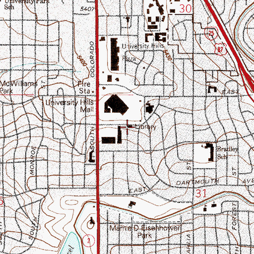 Topographic Map of Denver Public Library Ross - University Hills Branch, CO
